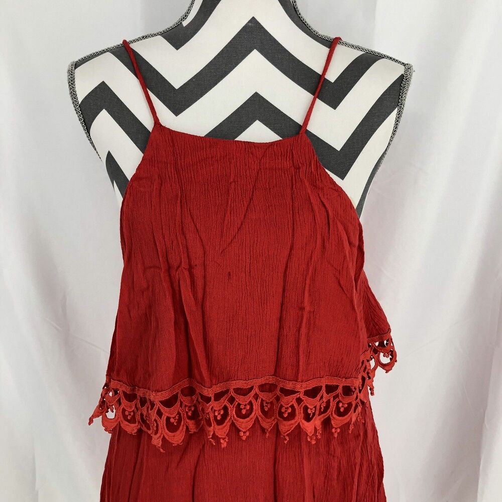 Lulus Red Crochet Fringe Mini Summer Spaghetti Strap Dress Small